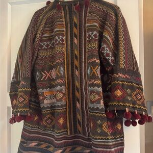 Johnny Was Colorful Patterned Cape with Pom-Poms